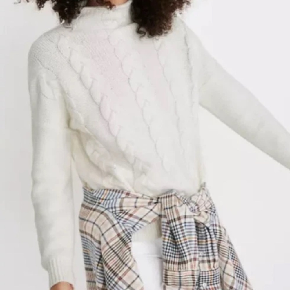 Madewell Cozy Ivory Cream Cable Knit Mockneck Sweater Size Small - Picture 3 of 9